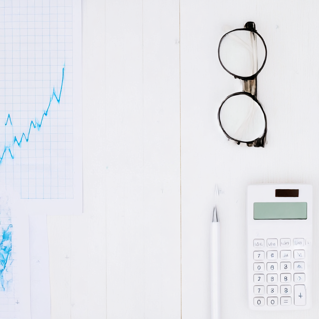 Strategic planning scene with financial graphs, calculator, and glasses
