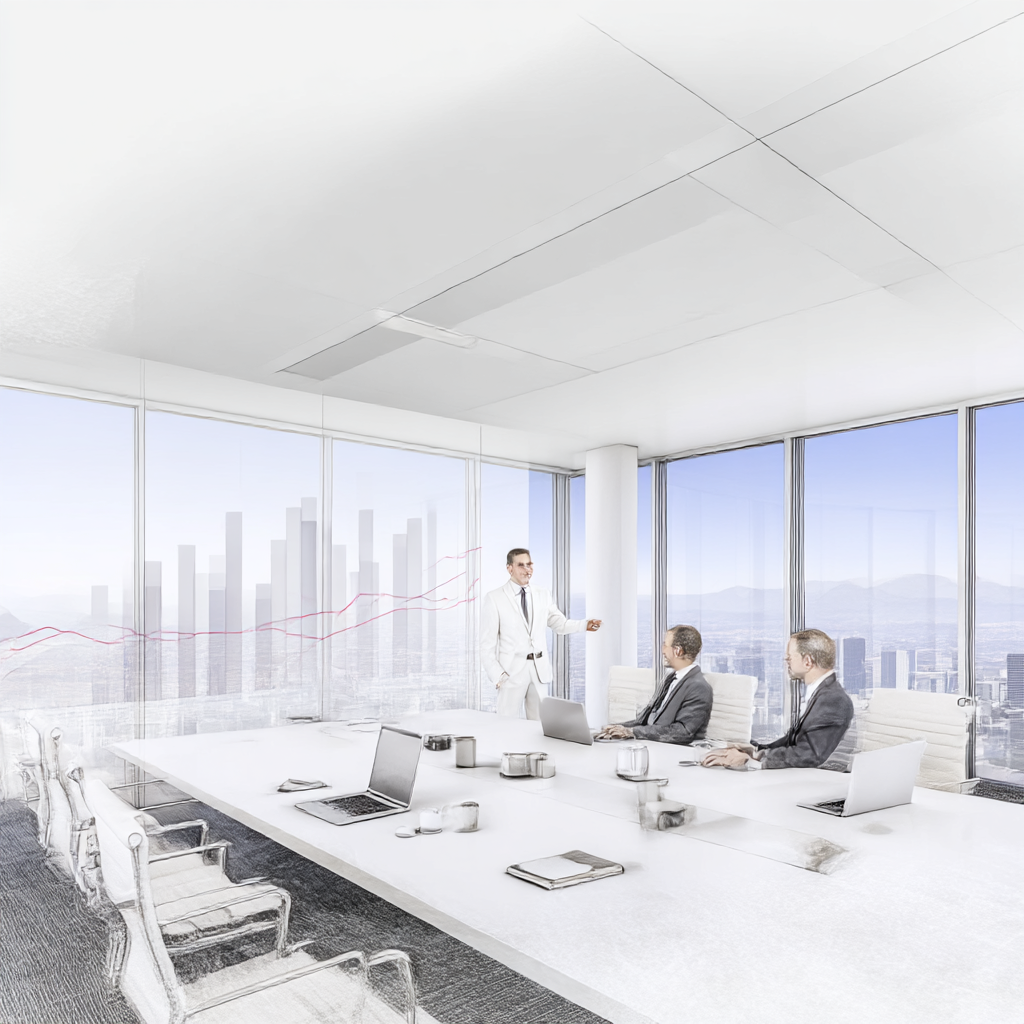A business strategy planning session in a high-rise boardroom