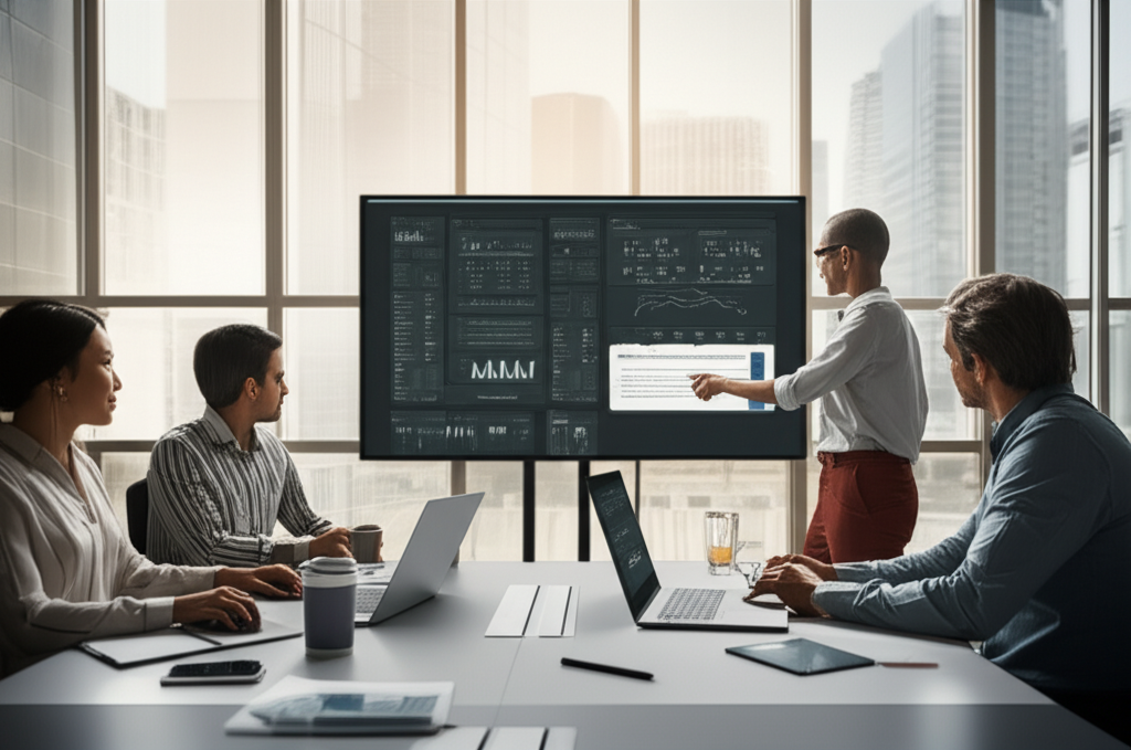 A modern office environment showing collaboration and technology